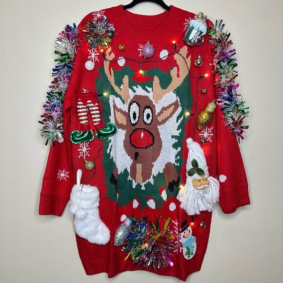 Ugly Christmas Sweater Dress Tunic LIGHTS UP Tacky Tinsel Xmas Party Winner XL - Picture 1 of 5